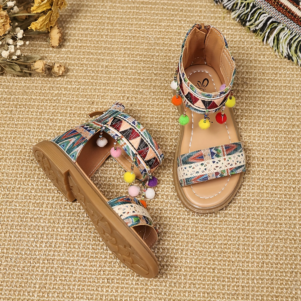 Girls' Open-Toe Beaded Sandals with Geometric Patterns for Summer Casual and Beach Wear