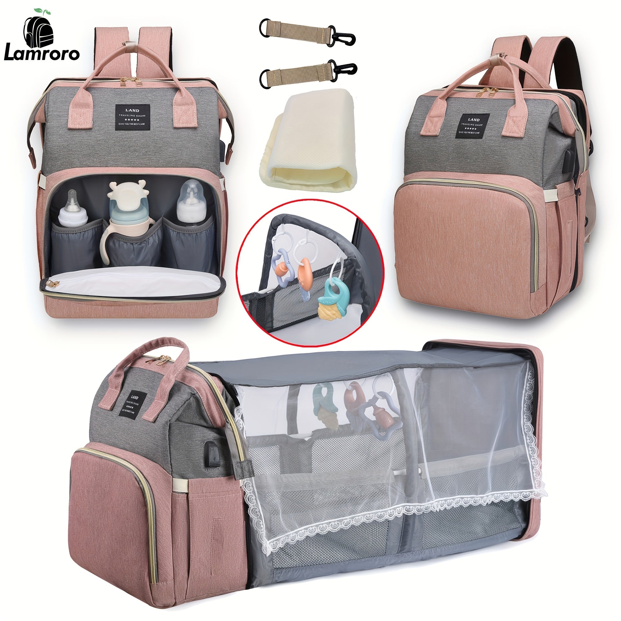 Multifunctional Diaper Backpack with Changing Station Mirror Compartments Striped Pattern