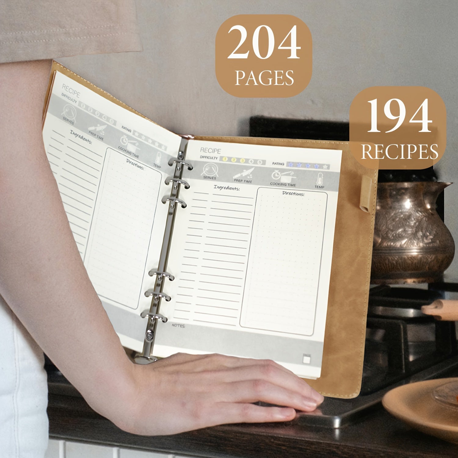 Qorong‘u jigarrang teri qog‘ozlari retsepti kitobi, suvga chidamli oshxona faylida, 194 sahifa