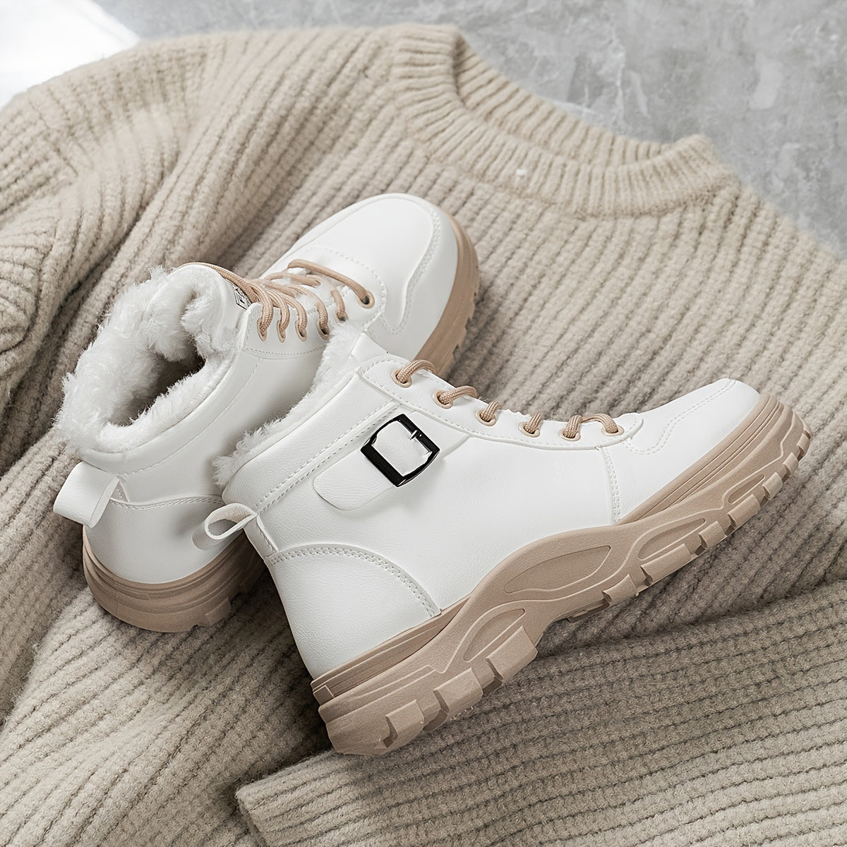 Women's Cozy Lined Ankle Boots Black Beige White High-Top Sneakers Rubber Soles