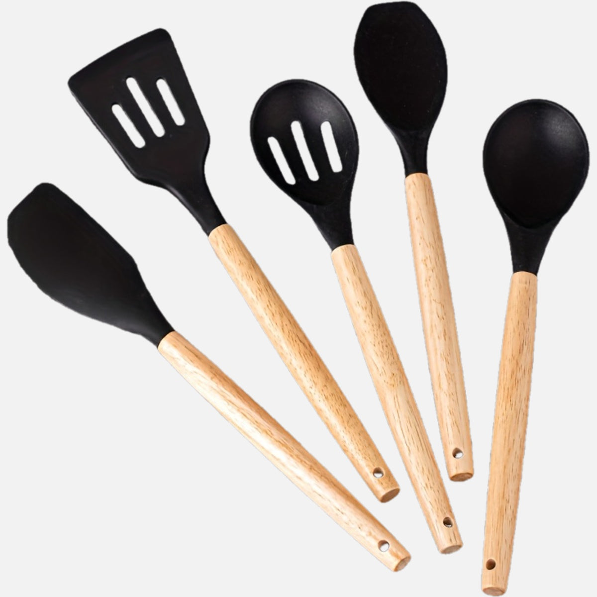 Set of 5 Silicone Kitchen Utensils with Wooden Handles Non-Stick Food-Safe Easy to Clean