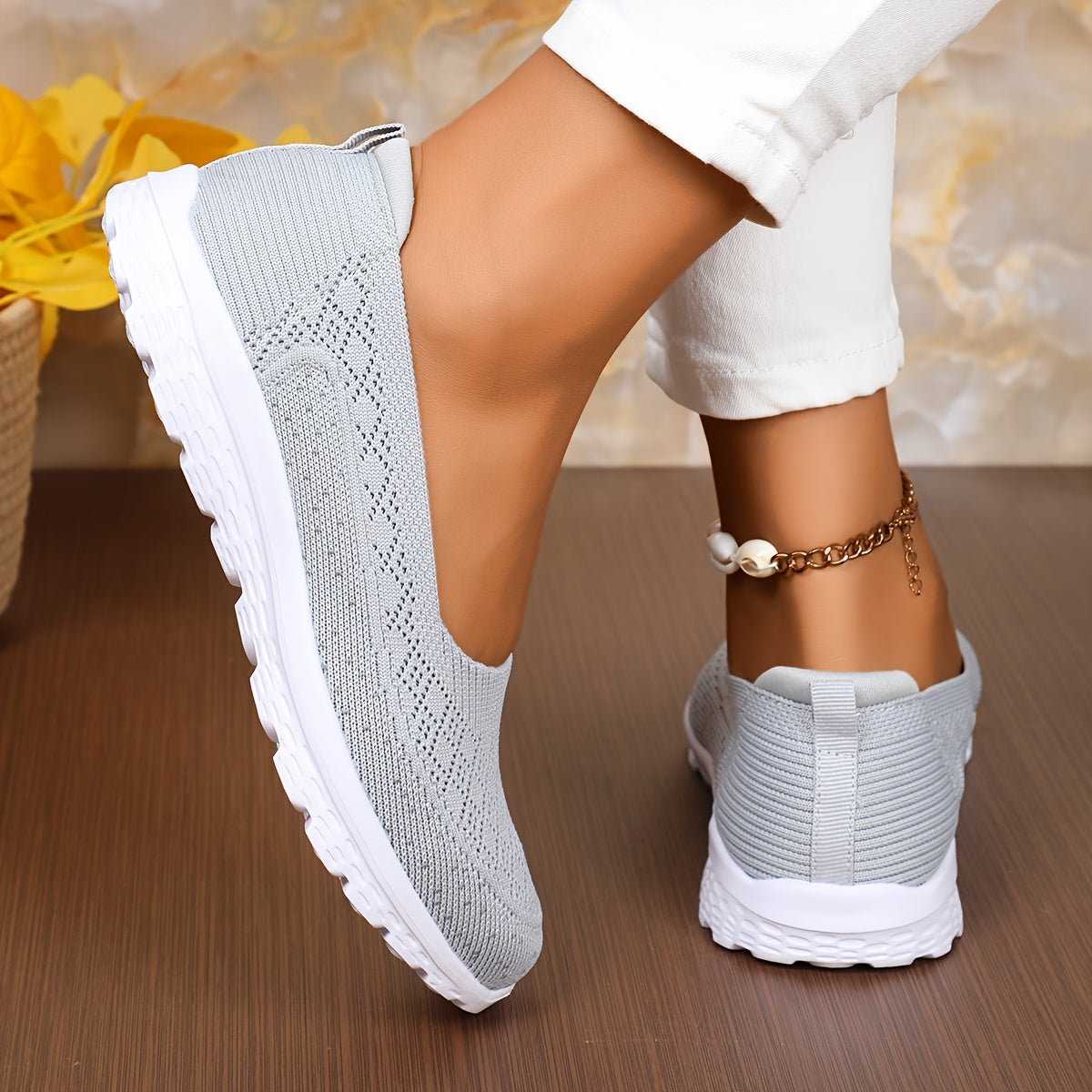 Women's Lightweight Slip-On Walking Shoes Breathable Knit Light Blue