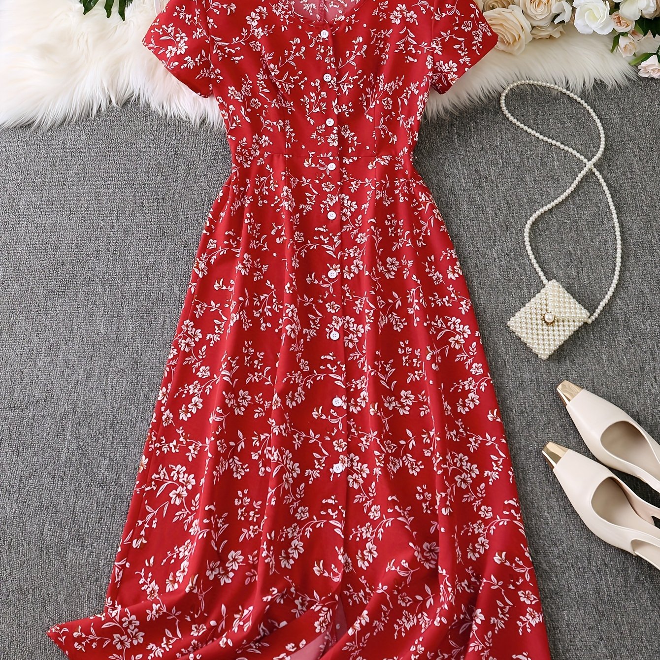 Women's Floral Print Woven Button-Up Dress for Vacation