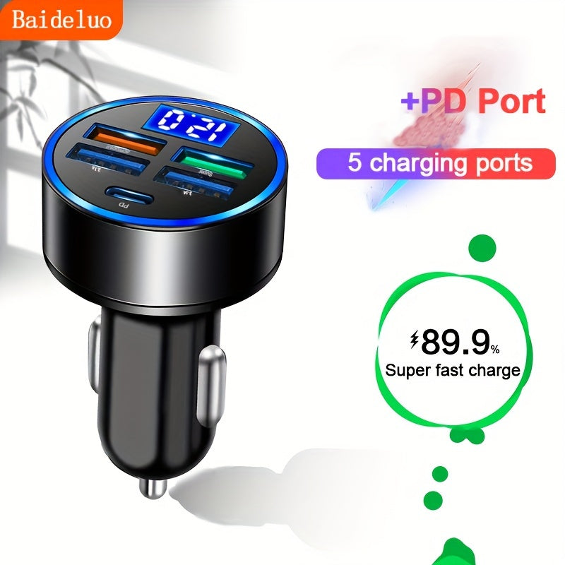 Car Charger with 5 Ports Digital Display Fast Charging Multi-Device Adapter