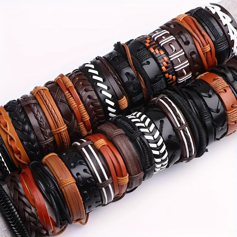 Set of 10 20 or 30 Faux Leather Bracelets for Men Women Adjustable Black Brown Gift