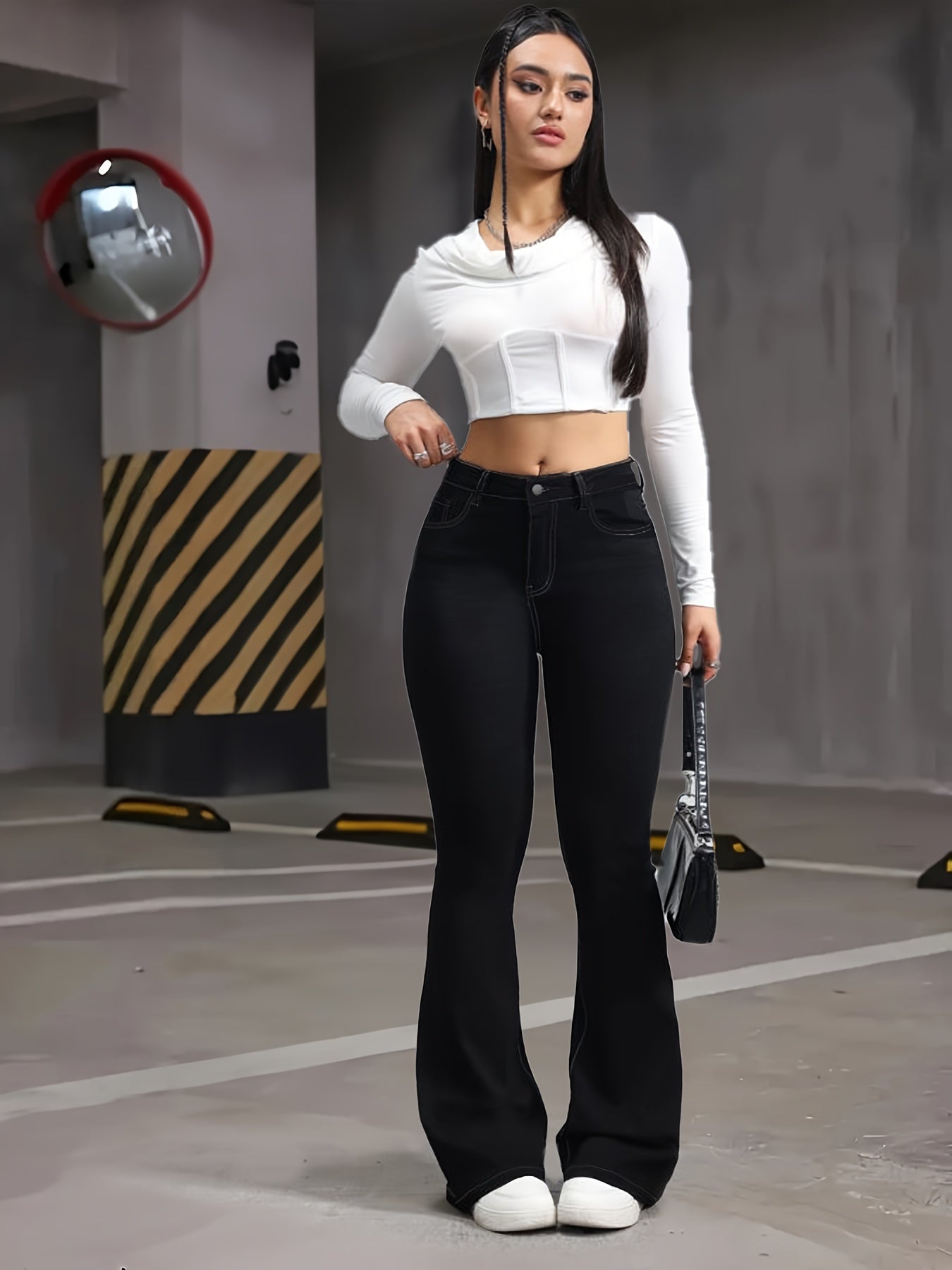 Plus Size High Waist Flare Jeans Stretch Denim Bell Bottoms Solid Color