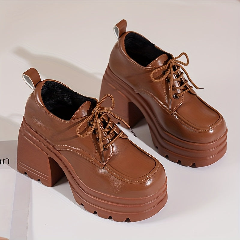 Women's Chunky Heel Lace-Up High Heels Brown Synthetic Rubber Sole