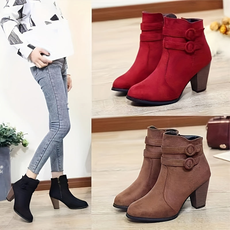 Women Ankle Booties Solid Color Fabric Pointed Toe Block Heel Shoes