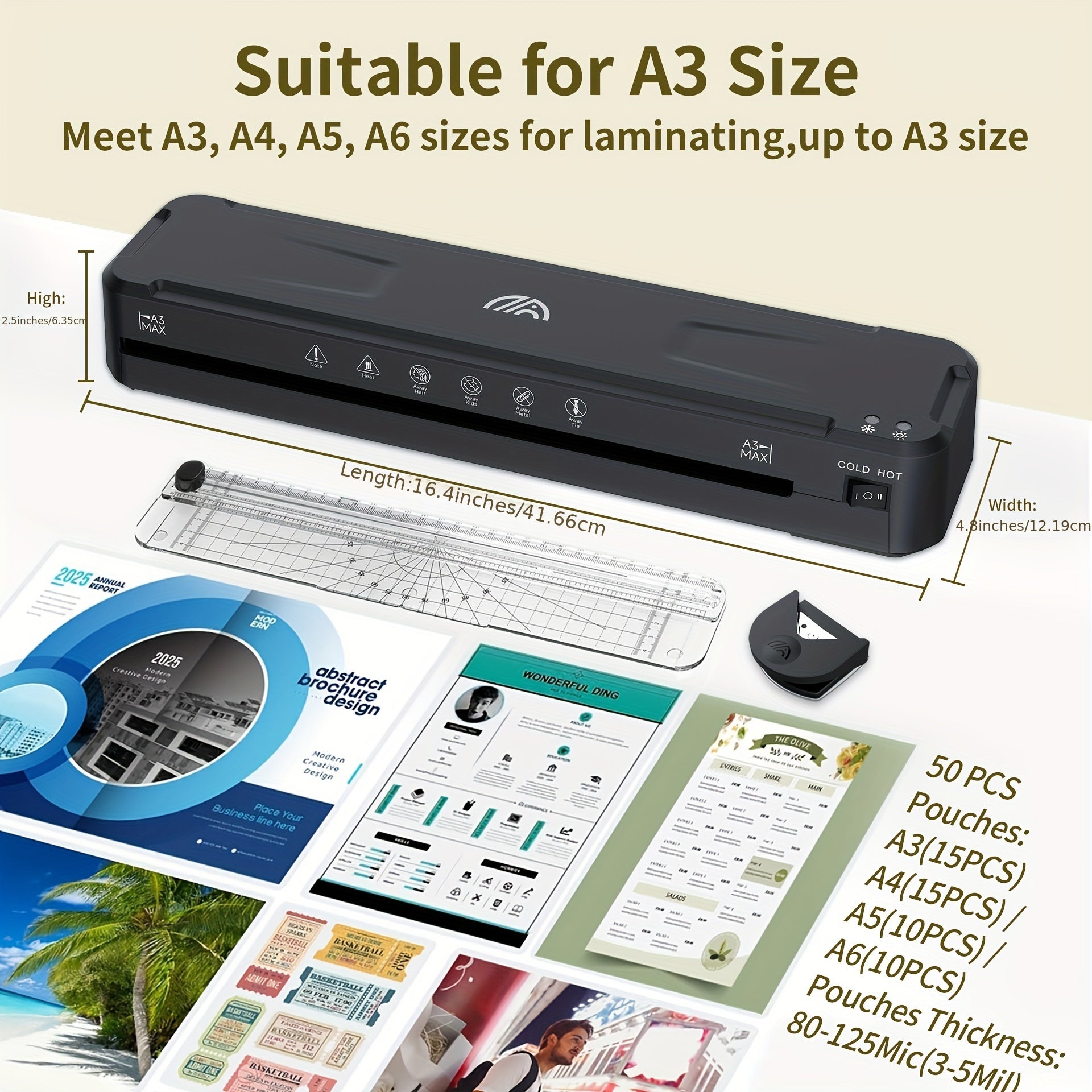 A3/A4/A5/A6 Laminator with 50 Pouches, Cutter, Corner Rounder, EU Plug