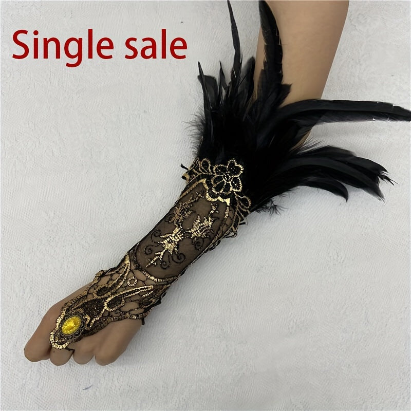 Women's Vintage Fingerless Gloves with Lace Sleeves Faux Feather Embroidery for Gothic or Prom