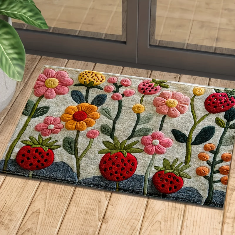 3D Floral Pattern Strawberry Bath Mat Ultra Soft Faux Velvet Absorbent Non-Slip