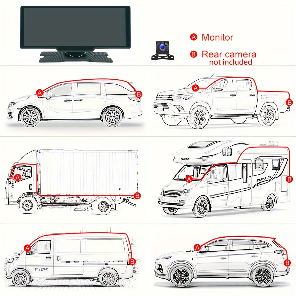 Monitor de coche portátil de 10.26 pulgadas con DVR y cámara trasera, compatible con Android Auto