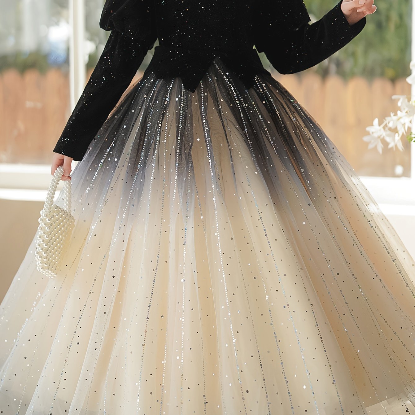 Girls' Long Sleeve Princess Dress with Contrast Sequin Solid Color Winter Romantic Style