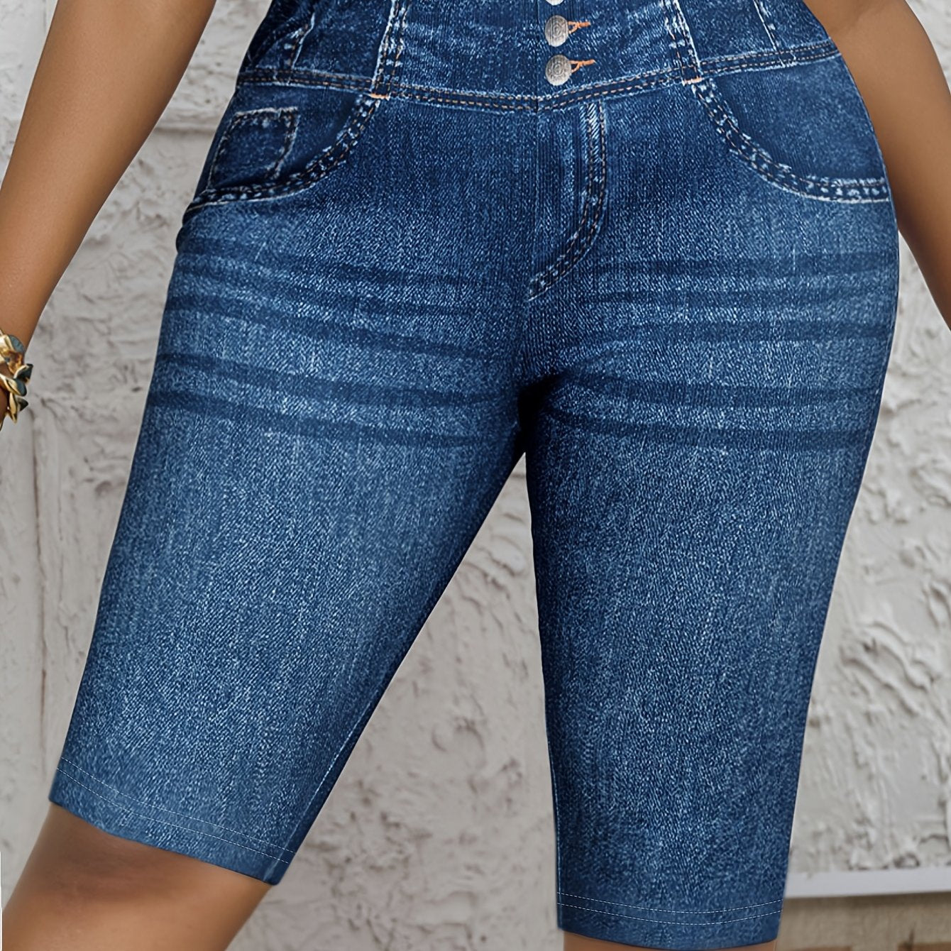 Pantalones capri ajustados de talla grande para mujer con estampado de imitación de mezclilla casual