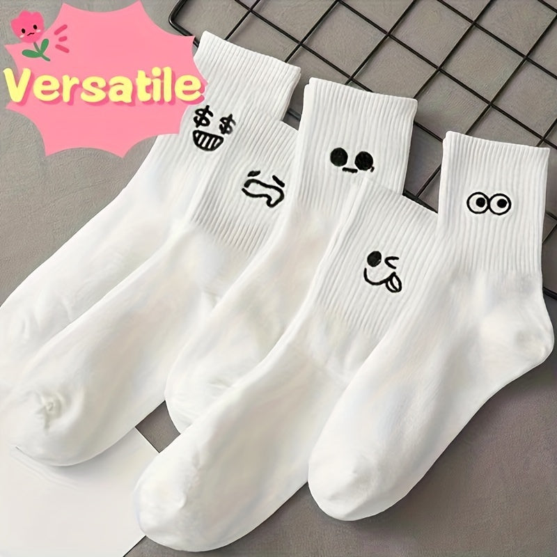 Men Women Knee-High Socks 5 Pairs Ribbed Funny Face Prints Soft Comfortable