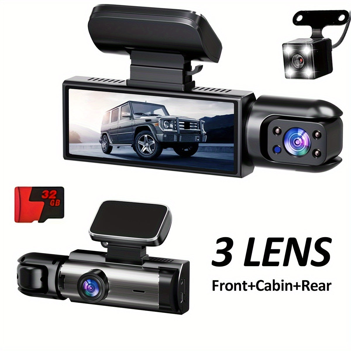 Cámara de tablero para coche de 3 canales, frontal 1080P, interior 720P, trasero 720P, DVR, monitor de estacionamiento