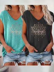 Women's V-Neck Short Sleeve T-Shirts 2-Pack Geometric Floral Print Lightweight  
Breathable Summer Tees Black Turquoise