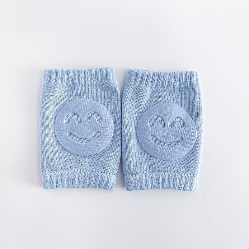 Kids Boys Knitted Knee Pads with Smiley Face for Autumn Winter Blue 100% Cotton