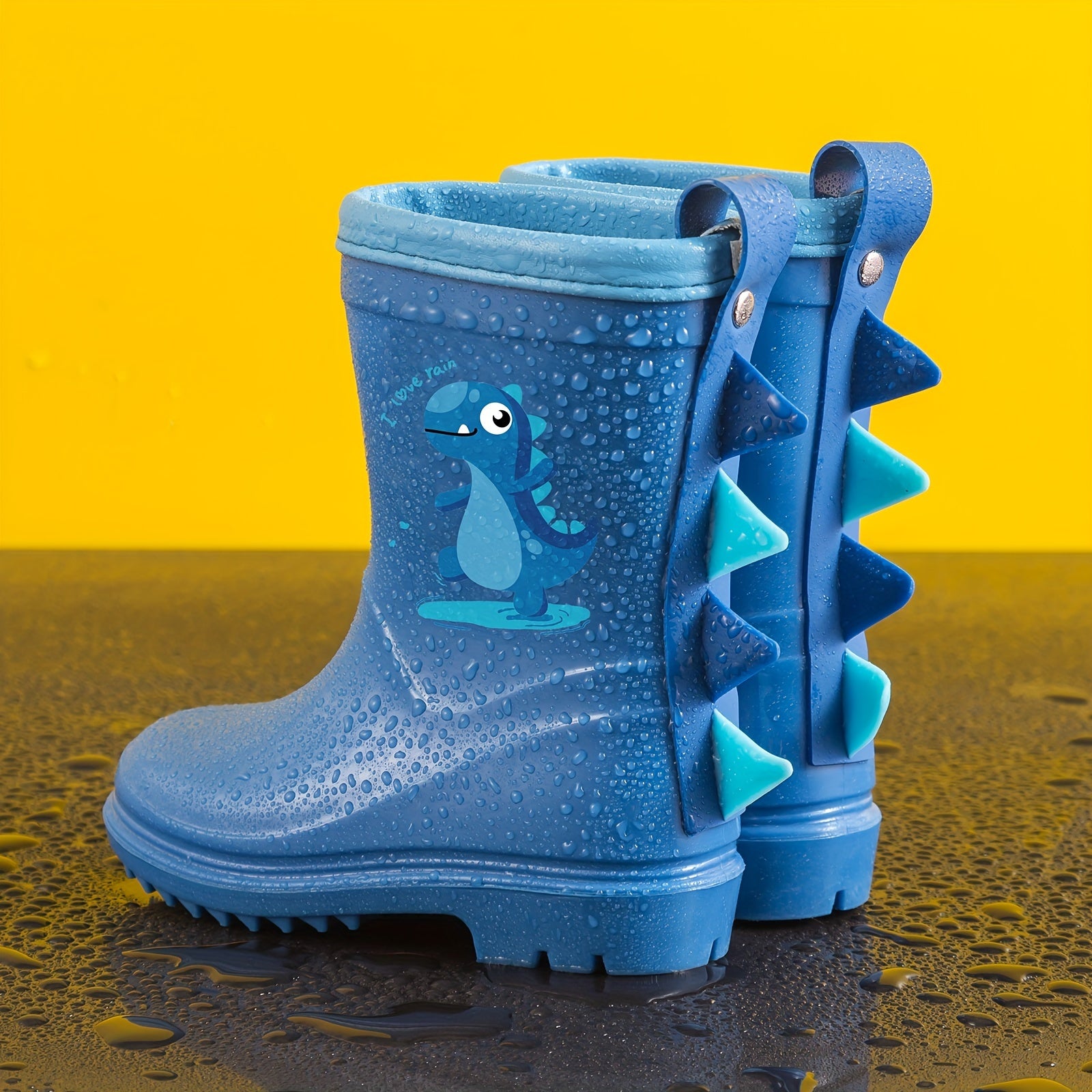 Kids' Dinosaur Rain Boots Waterproof Anti-Slip Mid-Calf Blue PVC Shoes for Ages 1-8