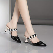 Women's Faux Pearl Heart Strap Dress Sandals Slip-On Chunky Heel Point Toe