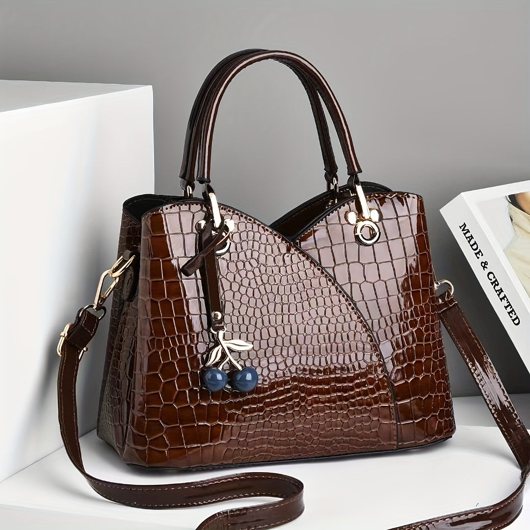 Crocodile Embossed Tote Bag with Cherry Pendant PU Checkered Zipper Closure