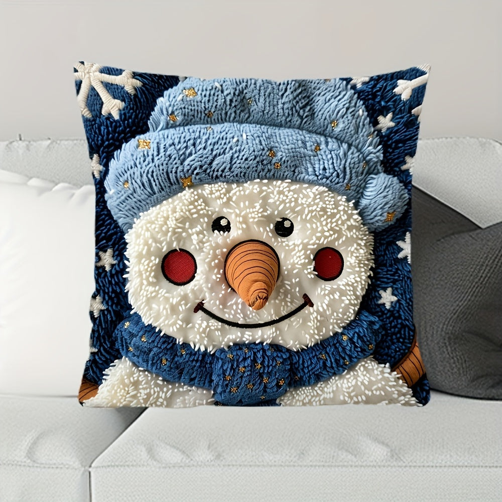 Christmas Snowman Pillow Cover Blue White Short Plush 44.96cm x 44.96cm Decor