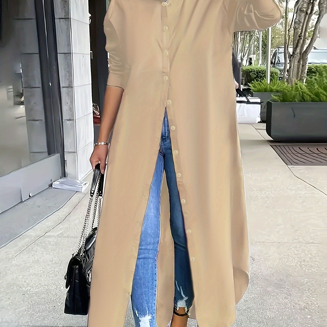 Vestido casual de talla grande para mujer con manga larga, cuello de solapa y botones