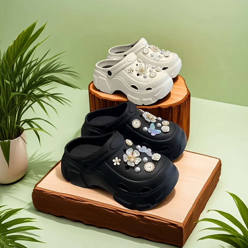 Women's EVA Clogs with Thick Sole, Floral Embellishments, Removable Accessories