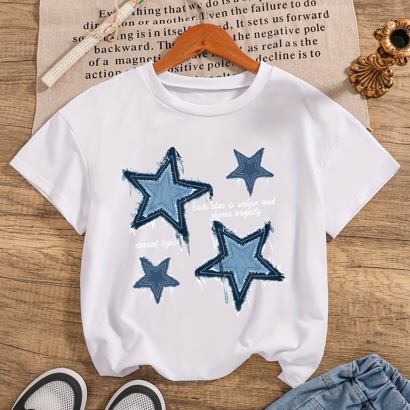 Girls' Star Print Knit T-Shirt with Crew Neck Short Sleeves for Spring Summer