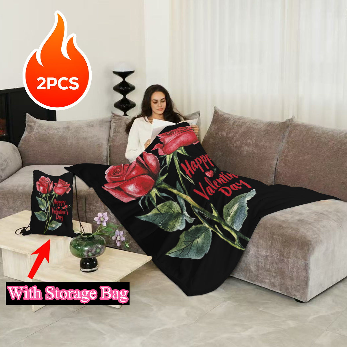 Red Rose Flannel Throw Blanket Set with Reversible Design and Pocket for Cozy Comfort