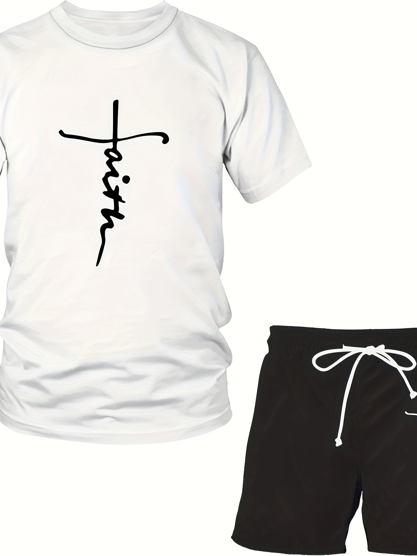 Men's Plus Size Casual Sports Set Polyester Knit with Cartoon Print Crew Neck T-Shirt and Shorts