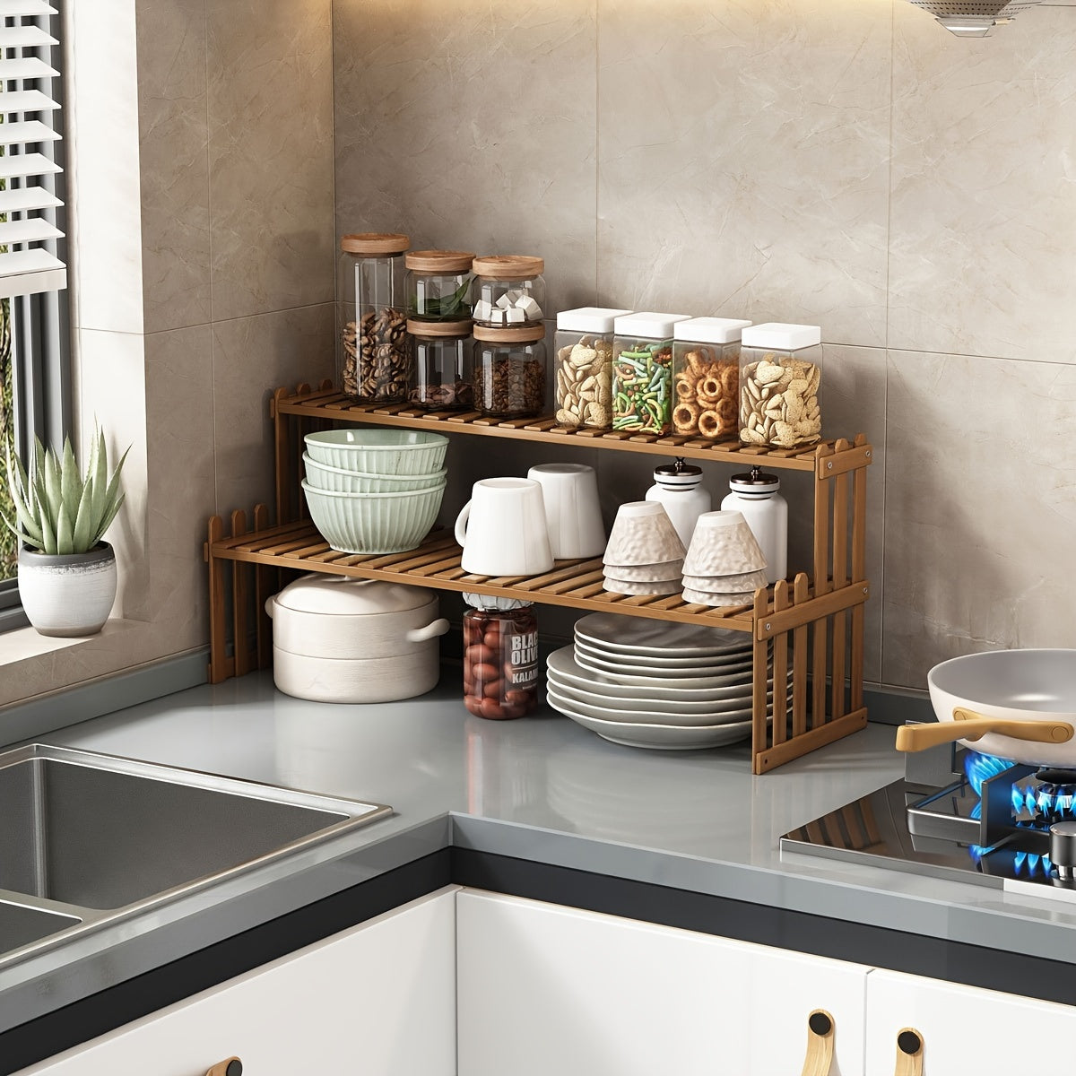 Открытая угловая полка для хранения из бамбука, двухслойная, в повседневном стиле, напольная кухонная органайзерная стойка, не требует подключения к электричеству, компактная конструкция, передвижная, высота 220.