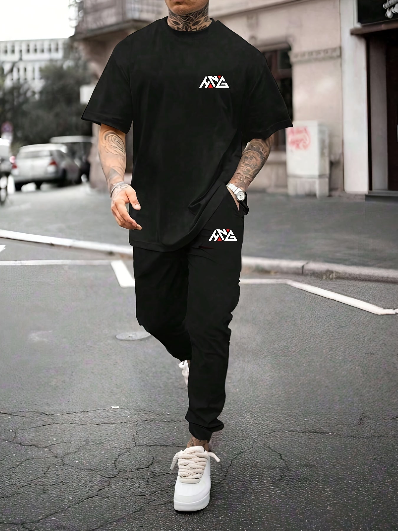 Men's Casual Summer T-Shirt and Joggers Set Polyester Stretchy Alphabet Print