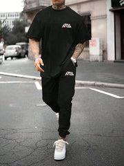 Men's Casual Summer T-Shirt and Joggers Set Polyester Stretchy Alphabet Print