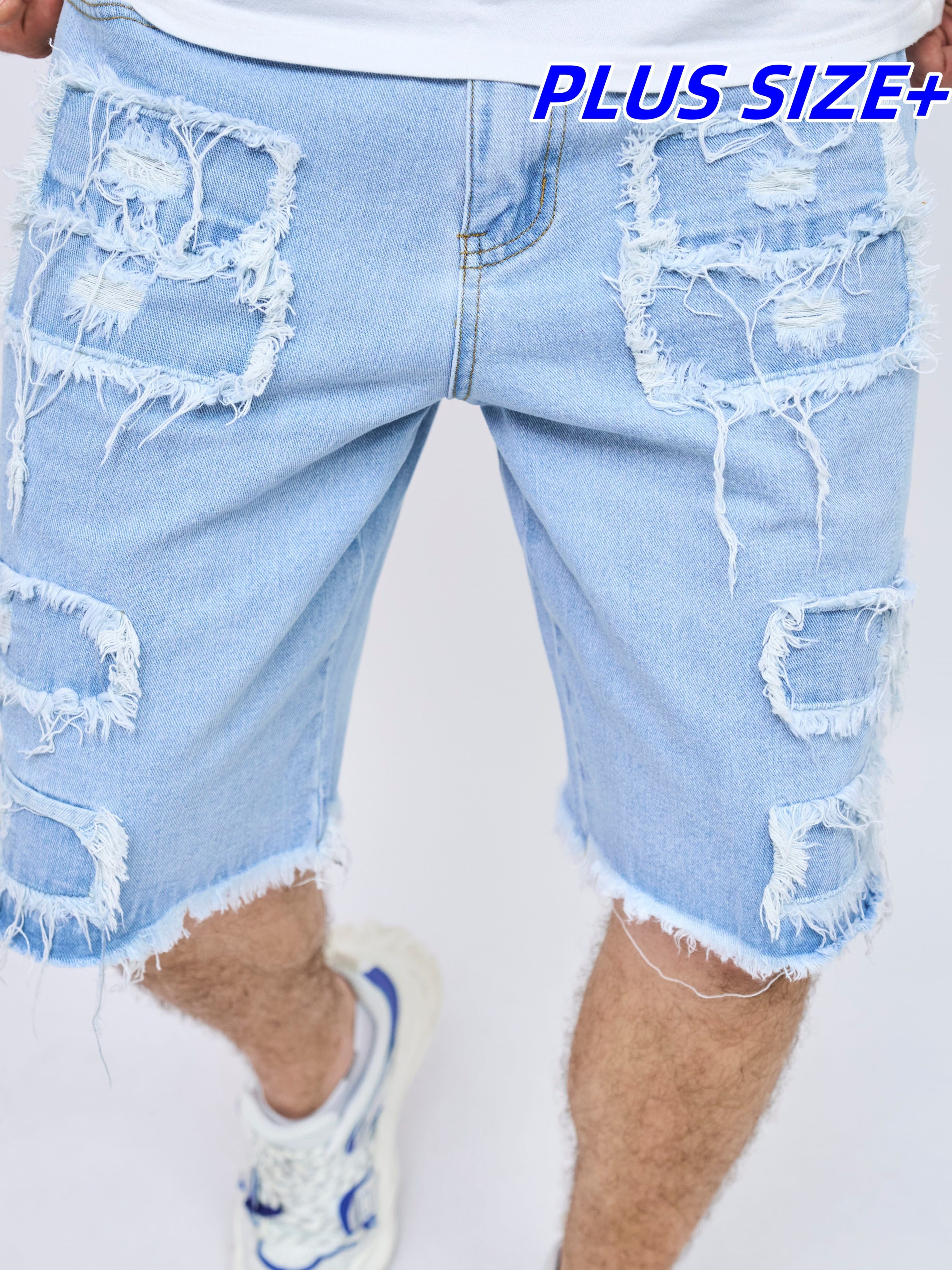 Men's Plus Size Distressed Denim Shorts with Pockets and Frayed Hem