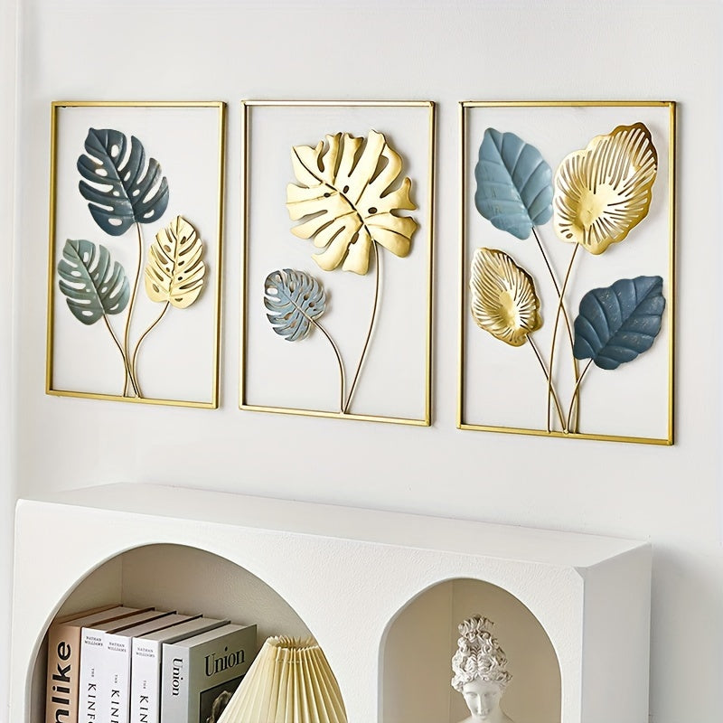 Minimalist Gold Metal Wall Decor Set 43.94x29.97cm Leaf Wall Art for Living Room Bedroom