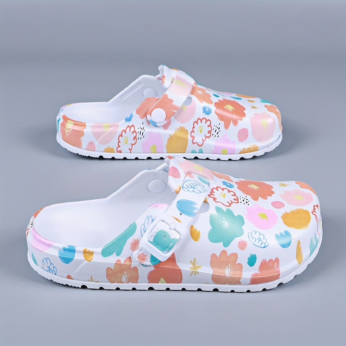 Women’s Floral Print Closed Toe Mules with Adjustable Buckle, EVA Flat Shoes
