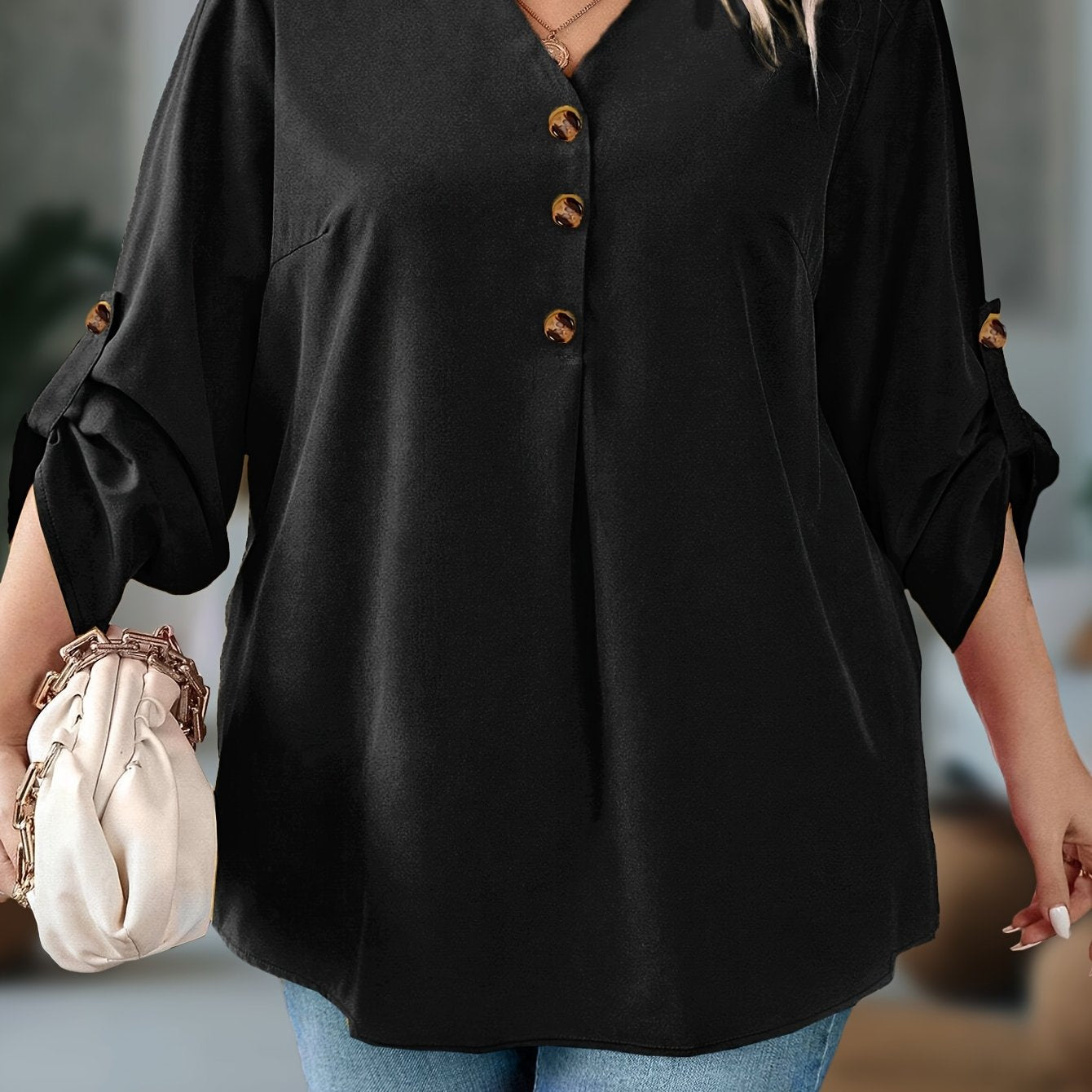 Plus o'lcham ayollar uchun V-yuqa kofta uzun qollik nafis to'liq rangli kundalik rasmiy