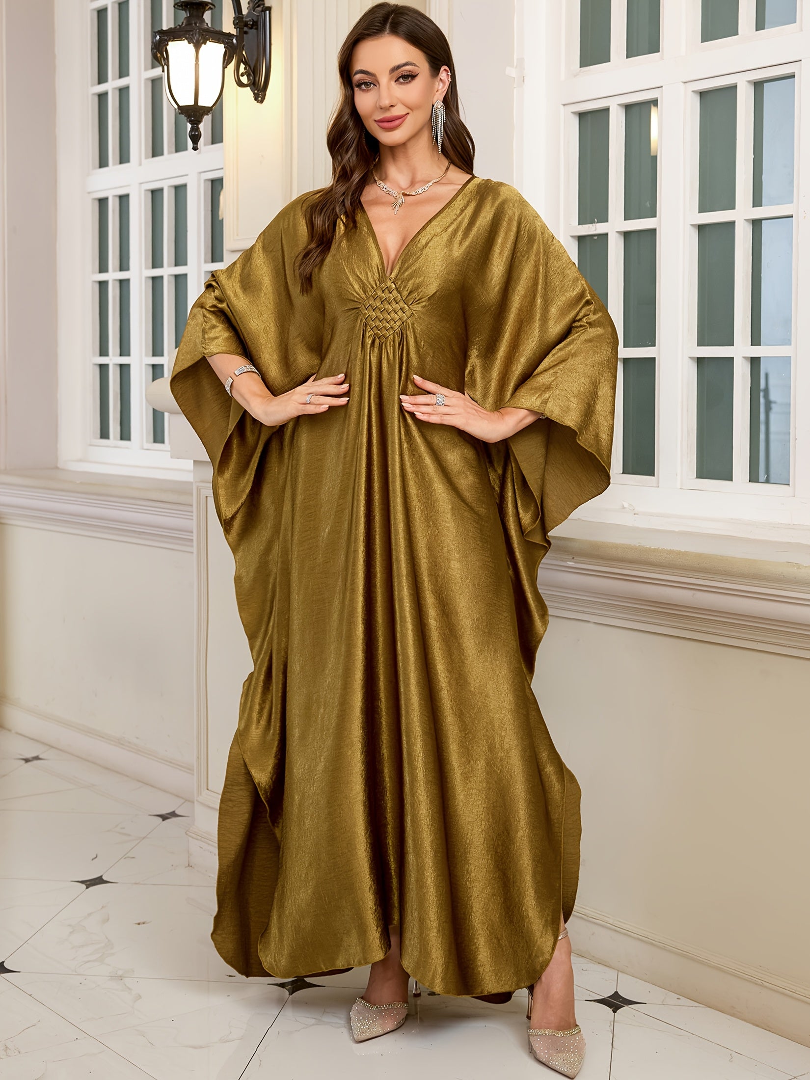Olive Green V-Neck Bat Sleeve Kaftan Dress for Women Beach Cover-Up Casual Outerwear