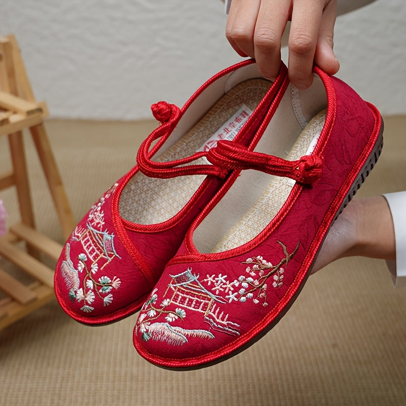 Zapatos de tela planos con bordado para mujer, slip-on, para uso diario