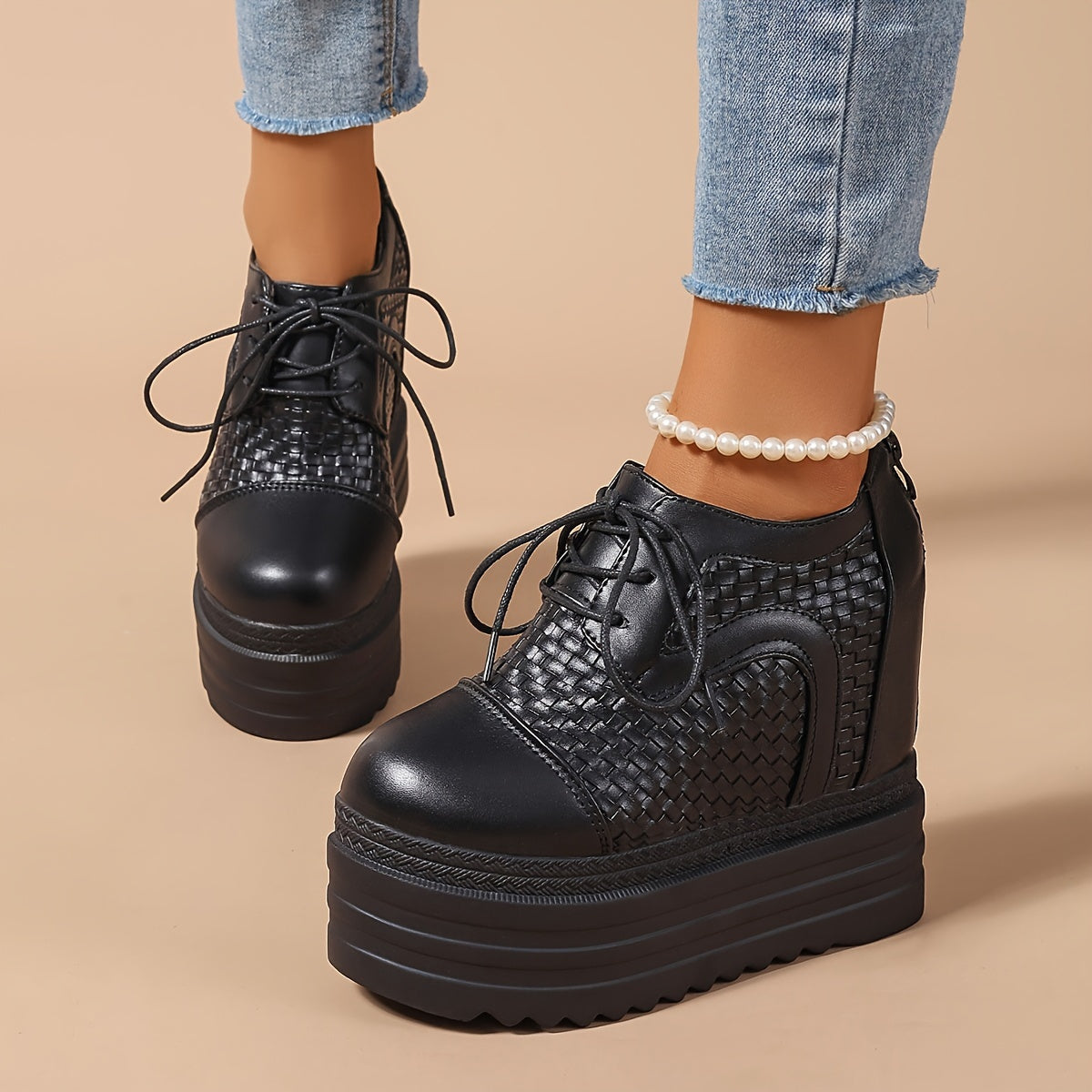 Zapatillas de PU transpirables para mujer con plataforma de tacón de 12cm, zapatos casuales