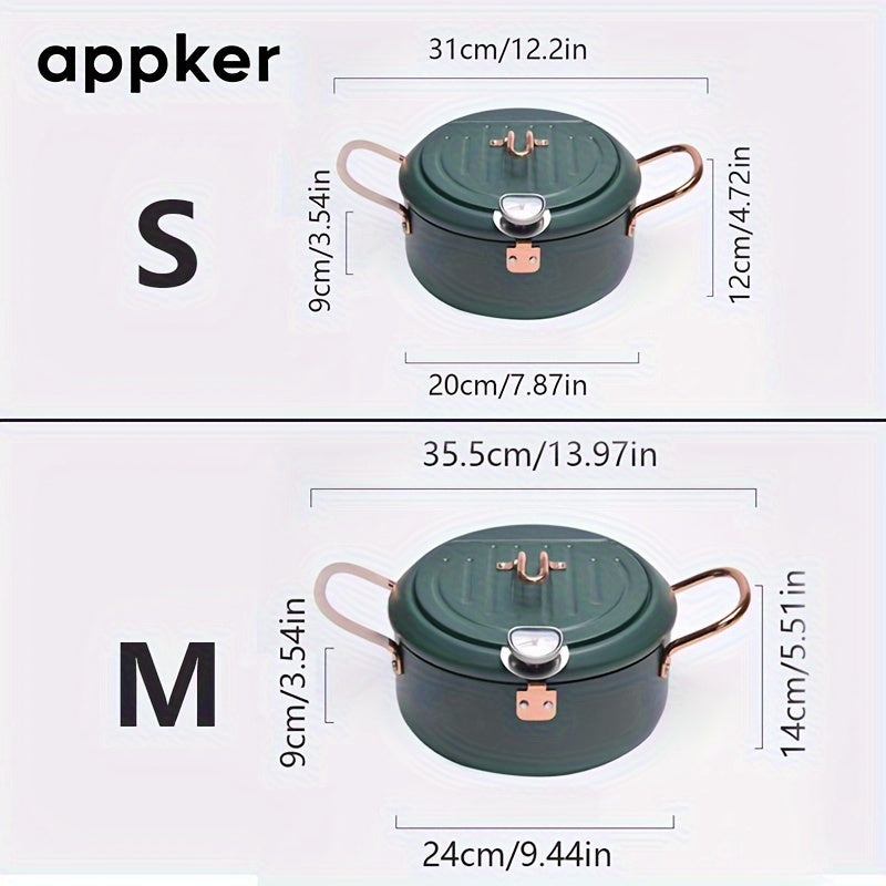 Deep Fryer with Thermometer Non-Stick Carbon Steel Large Green Pan Lid and Oil Drip Rack
