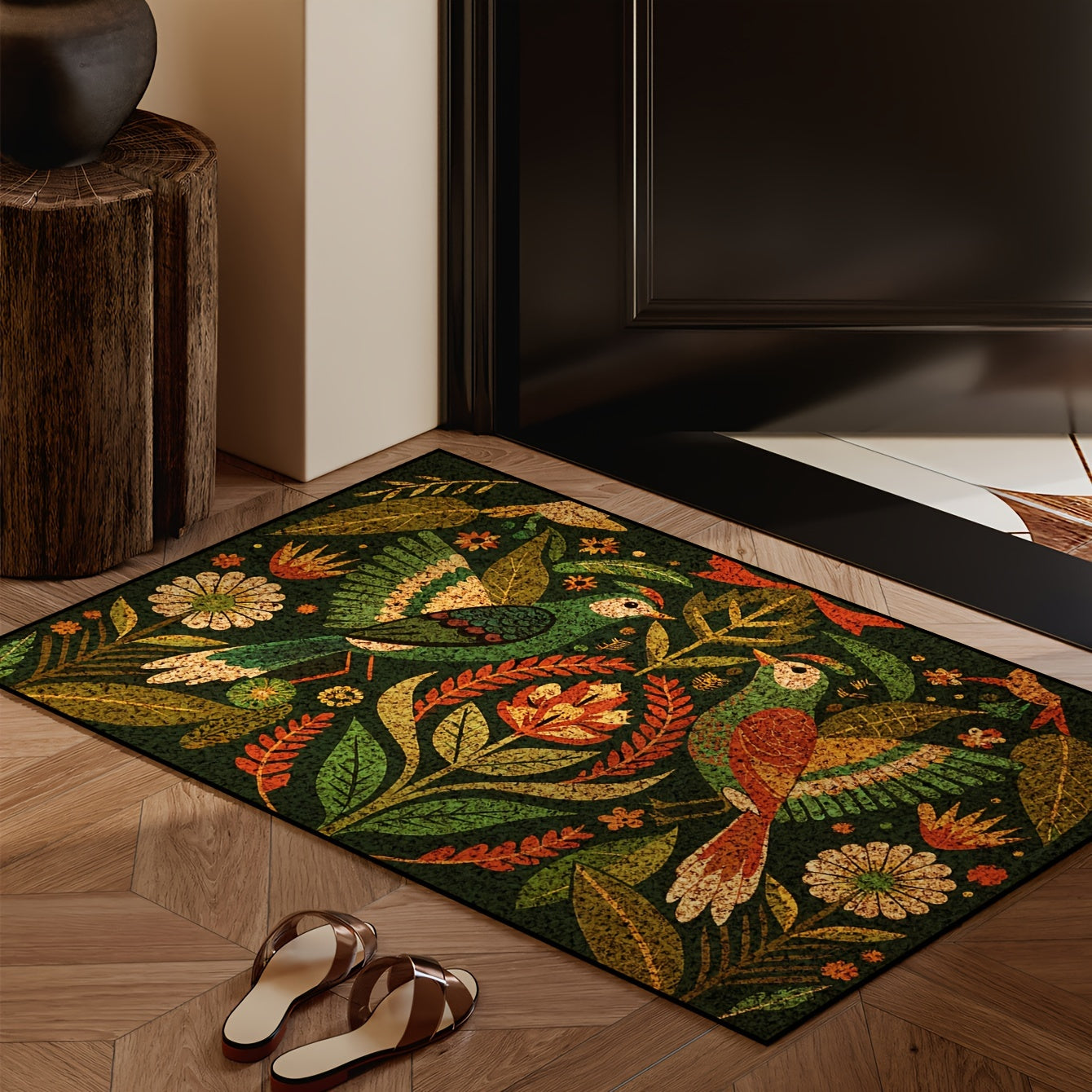 Green Bird Door Mat Non-Slip Washable Wear-Resistant Entryway Rug