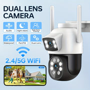 AI harakatni aniqlash, rangli tungi ko'rinish, 360° masofadan ko'rish, ikki tomonlama audio va mustahkam qurilishga ega simsiz ikki linzali ochiq havodagi xavfsizlik kamerasi.