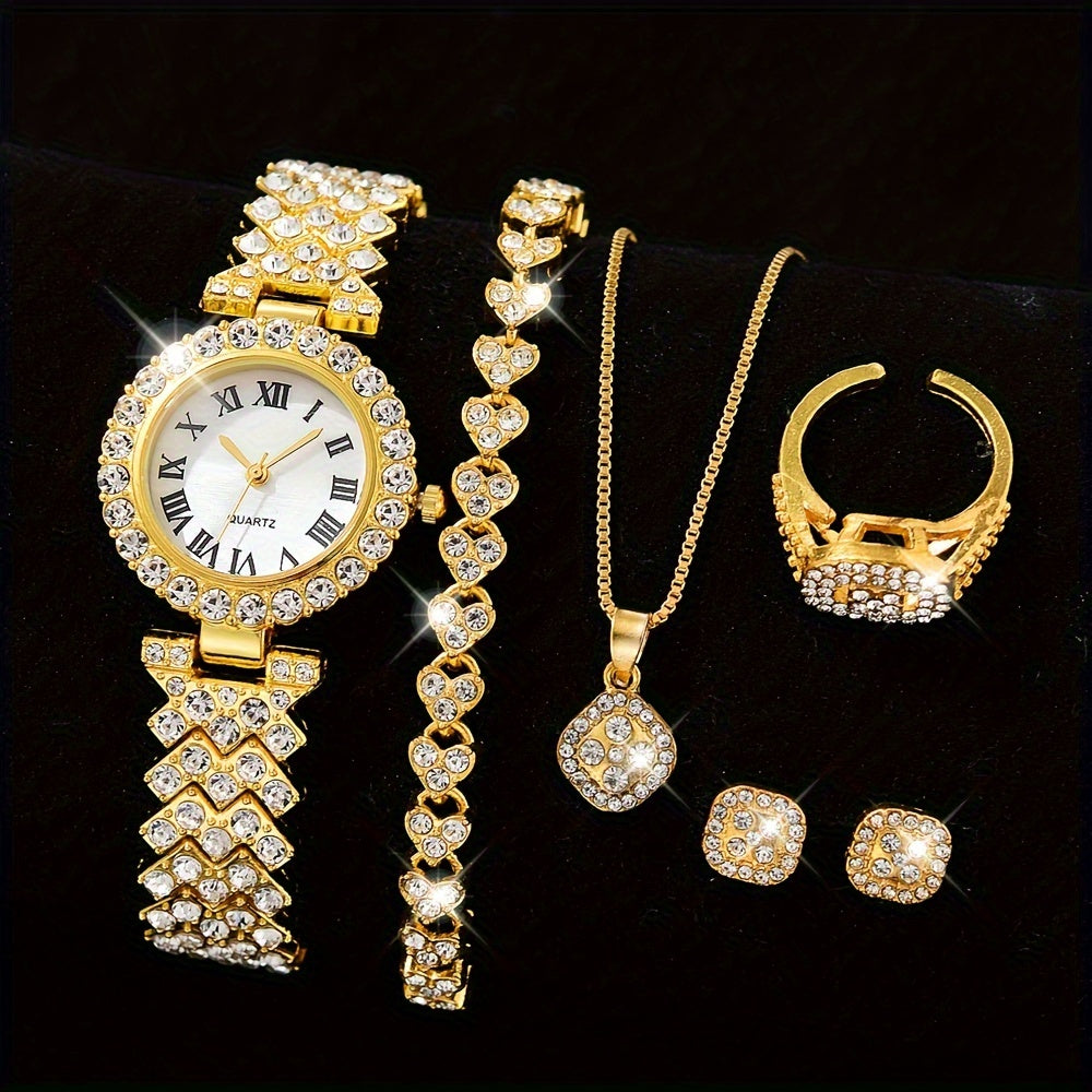 Women's Gold Tone Rhinestone Quartz Watch Set with Jewelry 6-Piece Gift Collection
