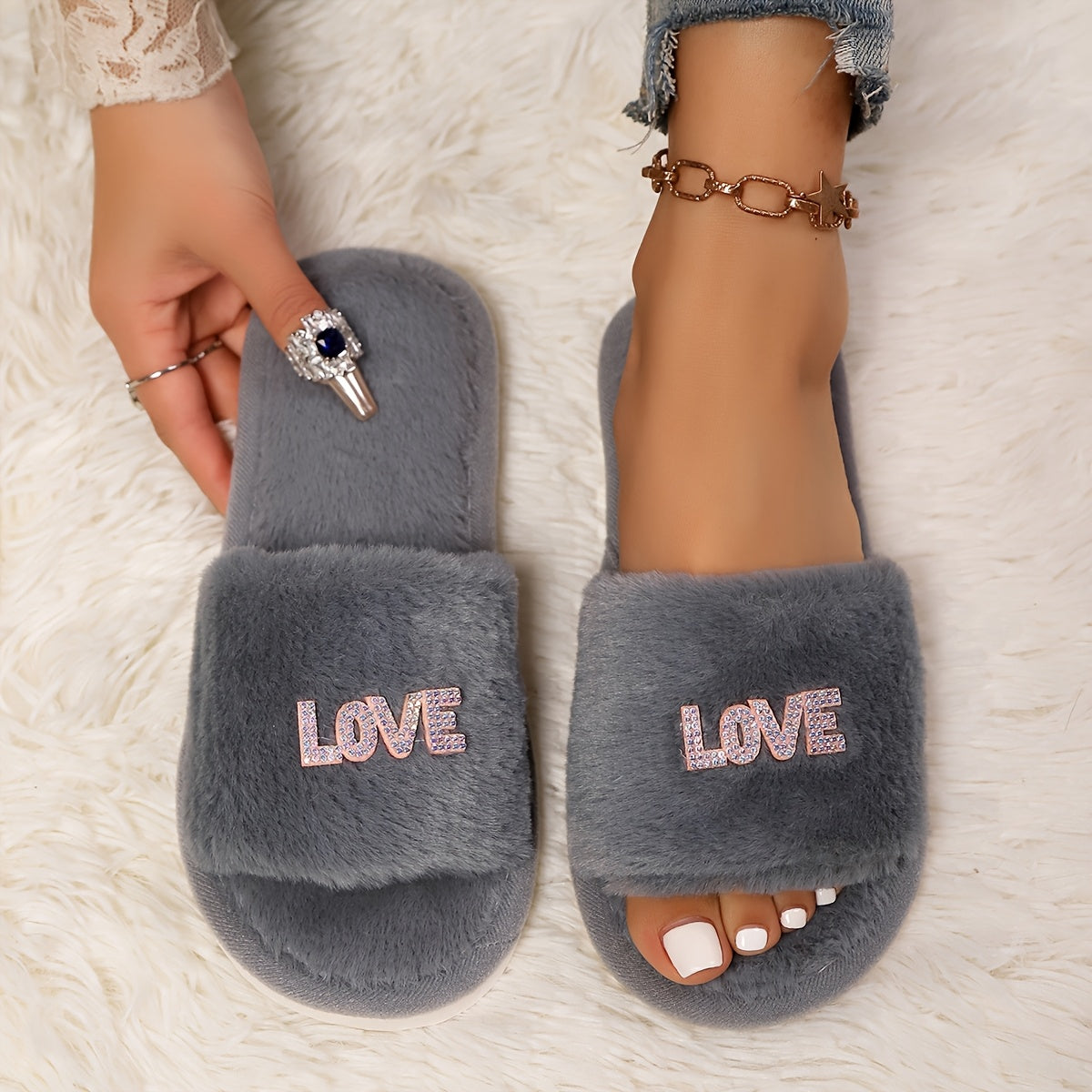 Women's Faux Fur Slip-On Slippers with "LOVE" Print Indoor Outdoor Comfort