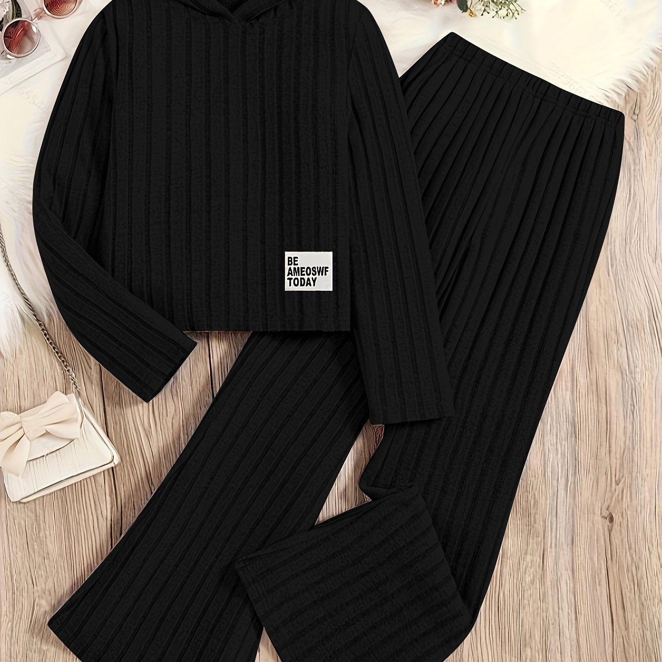 Conjunto de sudadera y pantalones de punto para niñas, de manga larga, de color sólido, poliéster, casual, para mayores de 3 años