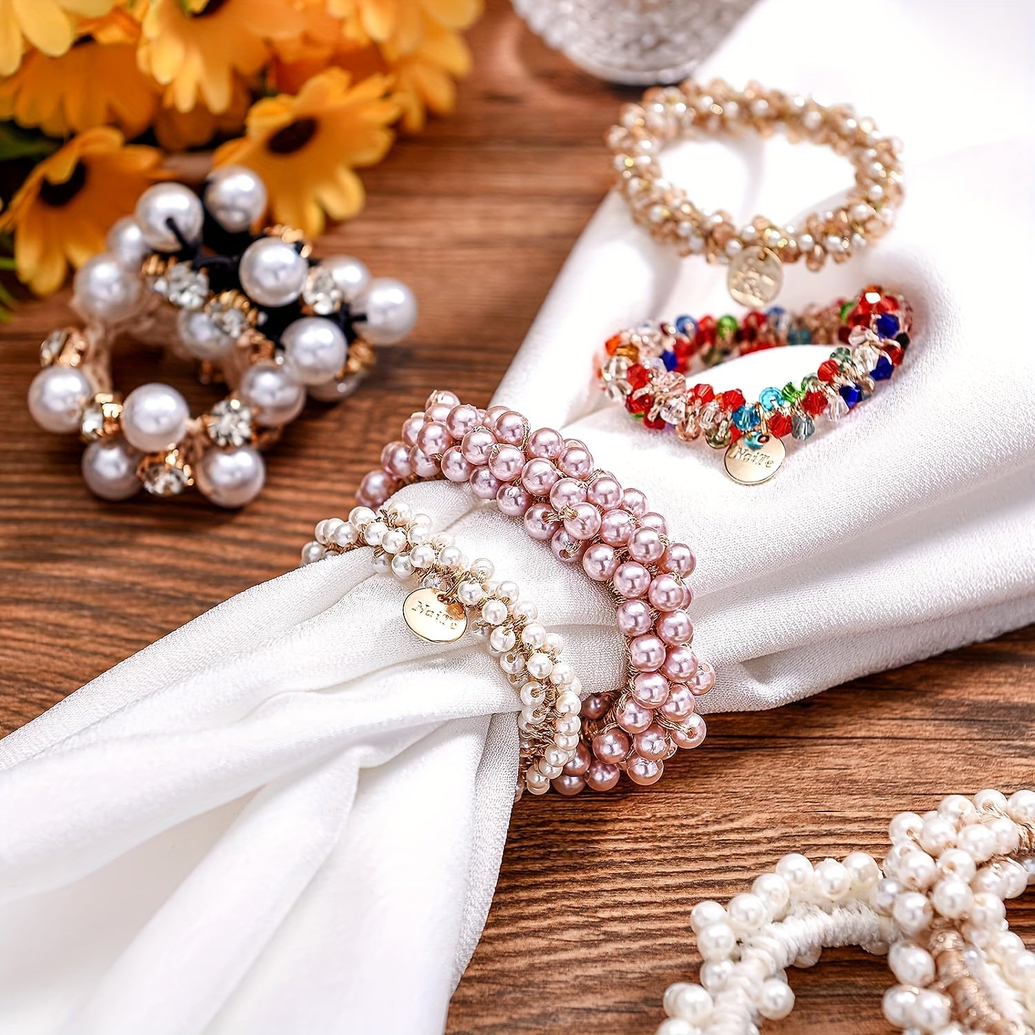 Set of 9 Crystal Beaded Elastic Hair Ties for Ponytails Boho Style Hair Accessories