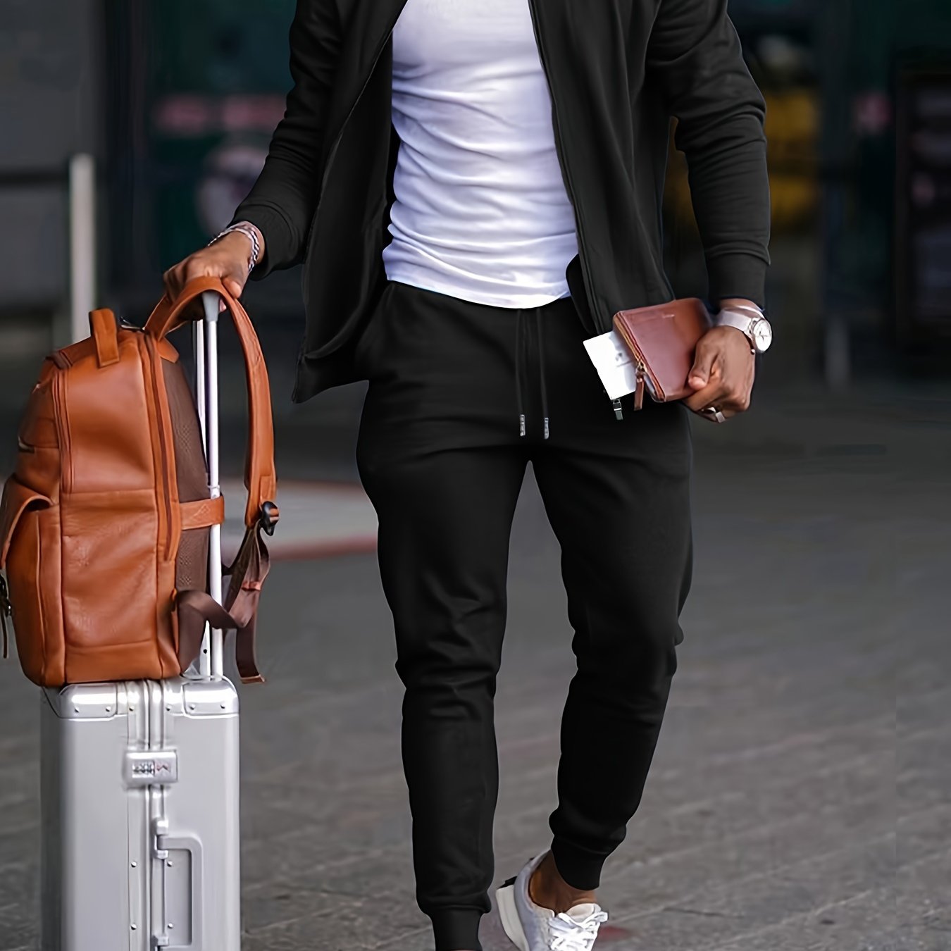 Men's Spring and Autumn Casual Sports Suit with Sweatpants Polyester Solid Color Regular Fit