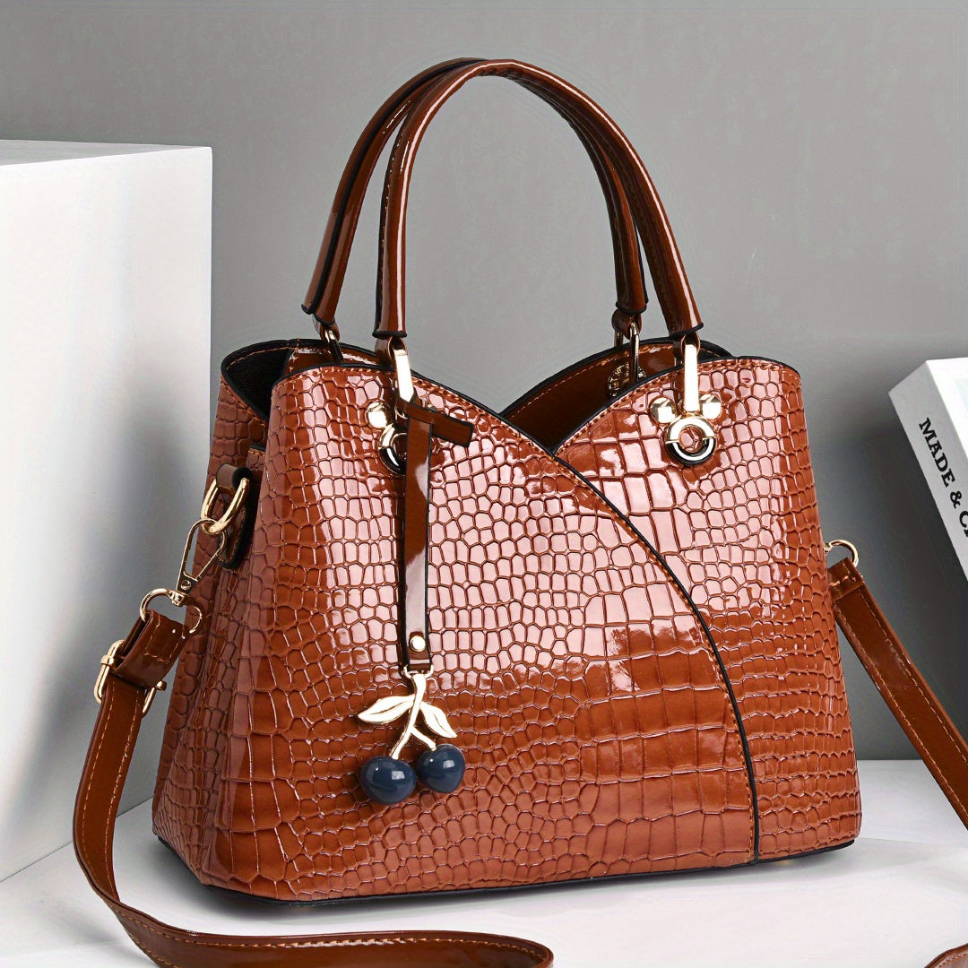 Crocodile Embossed Tote Bag with Cherry Pendant PU Checkered Zipper Closure